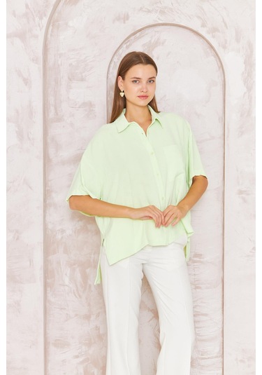 Kadın Yeşil Bol Kesim Kısa Kollu Gömlek Dm9005 Yeşil
