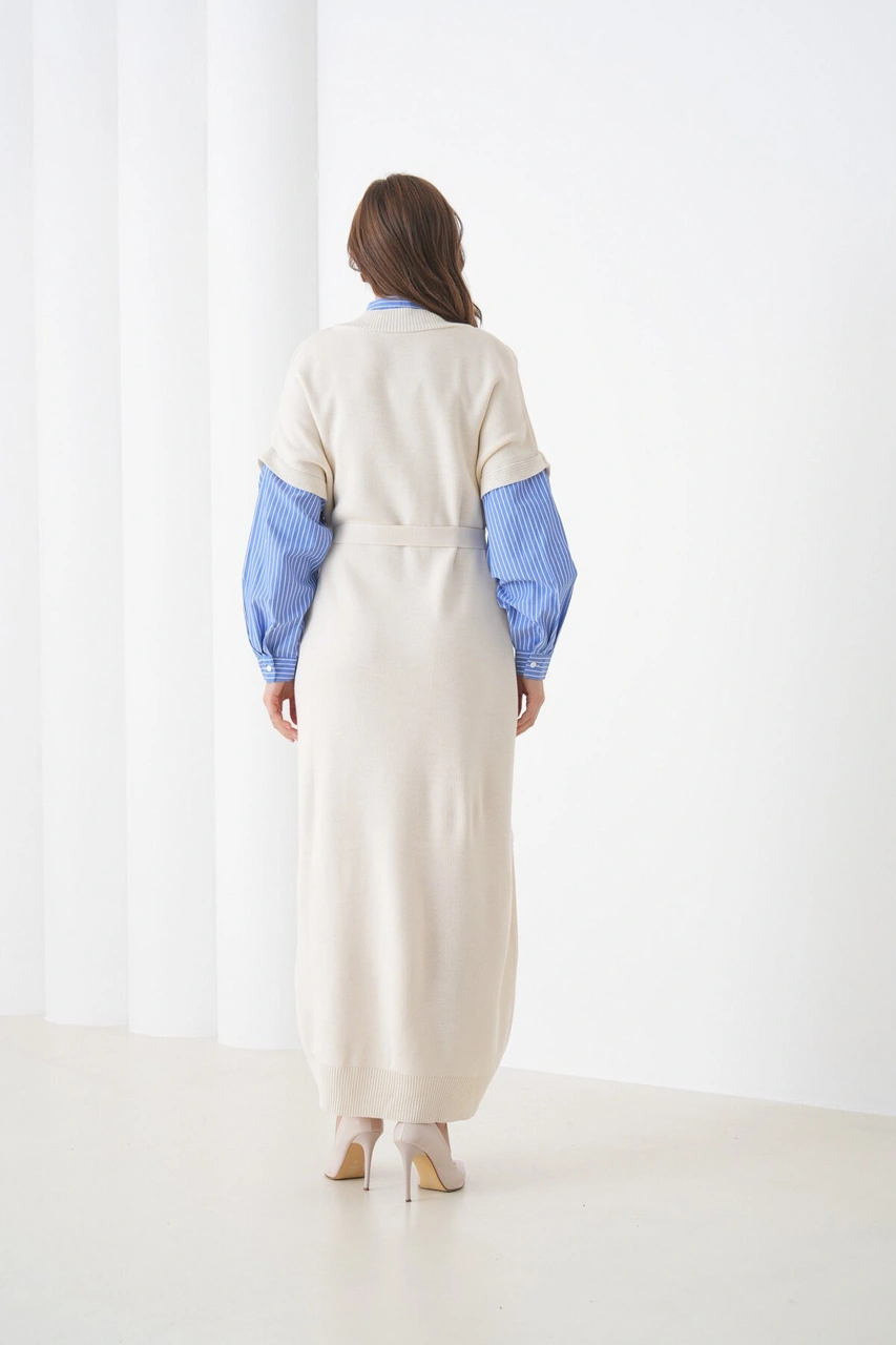 Kadın Uzun Kol Gömlek Yaka İçi Gömlekli Triko Kuşaklı Triko Spor Şık Elbise Bej