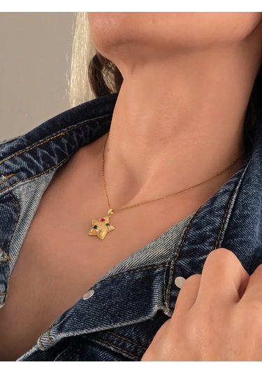 Eva Takı Store Yıldız Model Renkli Zirkon Taşlı Gold Renk Kolye Gold