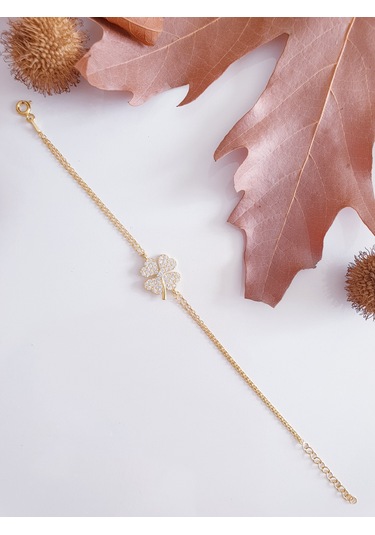 Beyaz Zirkon Taşlı Dört Yapraklı Yonca Gümüş Bileklik