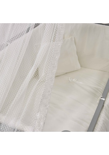 Meltem Kids Mondo Sallanır Ahşap Anne Yanı Beşik - 60x120 CM ( Gri - Ekru ) Ekru