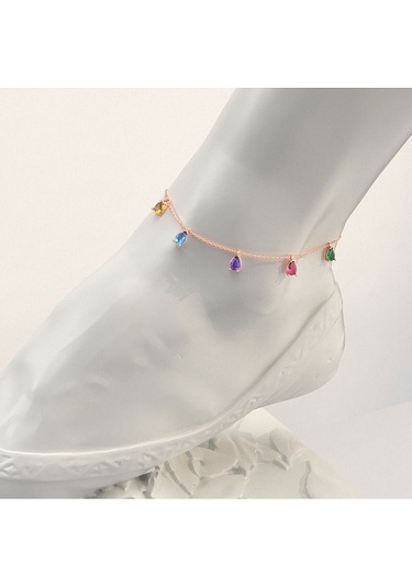 İndigo Takı Renkli Damla Taşlı Rose Gümüş Halhal