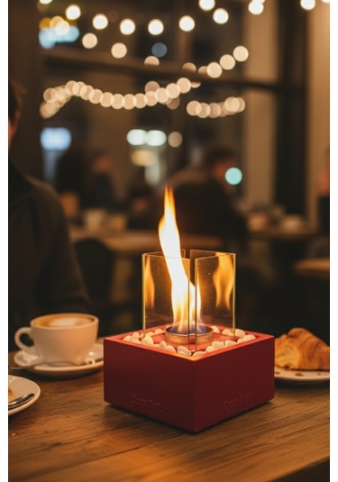 Quadrata Kırmızı Biyoetanol Masaüstü Şömine - 1 Lt Yakıt Ve Dekoratif Taş Hediye