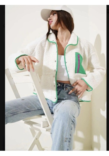 Yeşil Fermuar Cepli Kuzu Mont Beyaz T1085 Beyaz