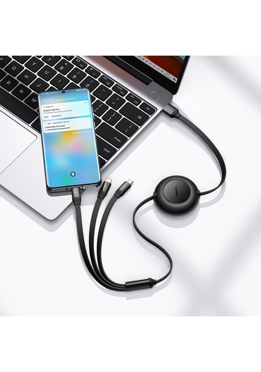 Baseus 66W Makaralı Type-C + Lightning + Micro USB Şarj Kablosu