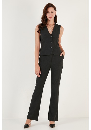 Lela Yüksek Bel Regular Fit Bol Paça Klasik Bayan Pantolon 611Pl030 Koyu Gri