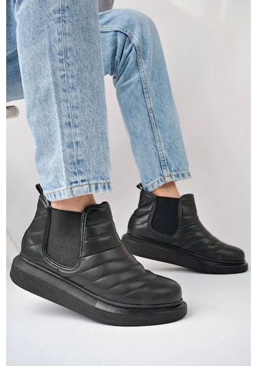 Slw205 Boston Bağcıksız Cilt Erkek Spor Bot St Siyah Siyah