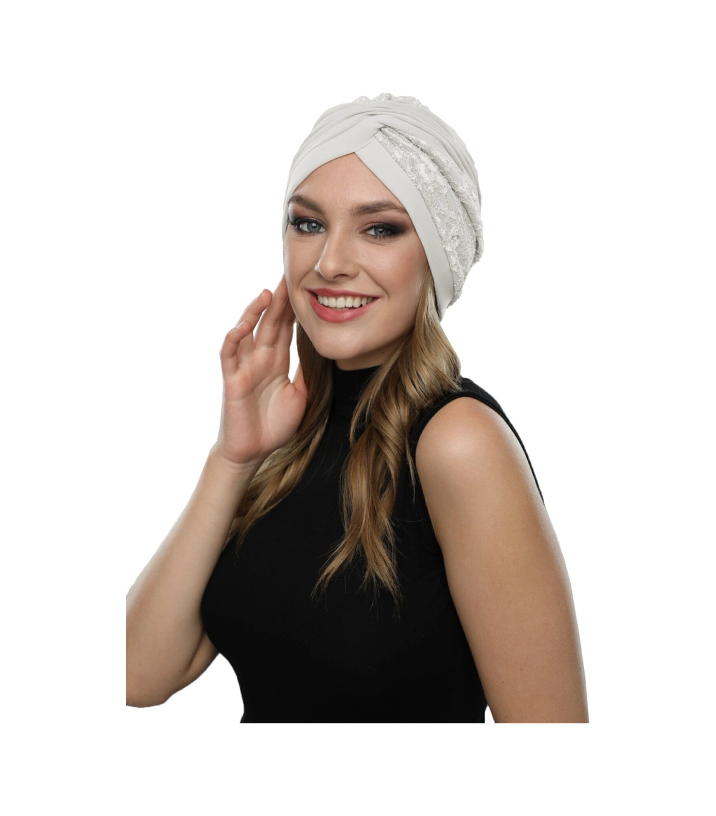 Çapraz Dantel Krem Hazır Türban Tesettür Havuz Bonesi Krem