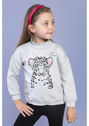 Toontoy Kız Çocuk Baskılı Balıkçı Yaka Pamuklu Sweatshirt Gri