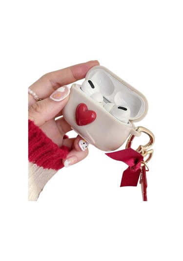 Apple Airpods 3. Nesil İle Uyumlu Kılıf Kalp Leopar Taş Kiraz Desenli Fiyok Tutmalı Kılıflar Kırmızı