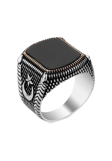 Erkek Ay Yıldızlı Siyah Oniks Taşlı Özel Tasarım 925 Ayar Gümüş Yüzük Şık Model