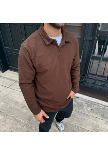 Erkek Fitilli Polar Sweatshirt Düğmesiz Polo Yaka, Oversize Rahat Kalıp, Kalın Polar Kumaş, Kışlık Kahverengi