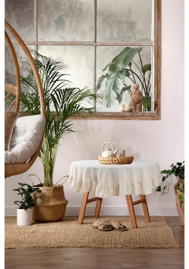 Naturel Fırfırlı Masa Örtüsü Vintage Yuvarlak Krem