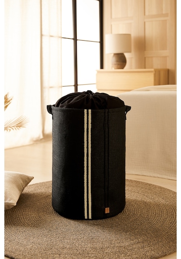 Ocean Home Textile Ağzı Büzgülü Çizgili Siyah Renk Jüt Çamaşır Sepeti 40 x 55 cm