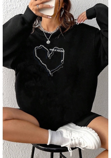 Unisex Holiday Baskılı Bisiklet Yaka Sweatshirt Siyah