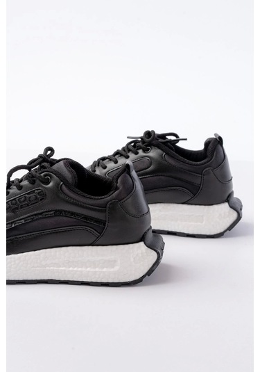 F-307 Siyah Bağcıklı Saten Taş Aksesuarlı Günlük Spor Ayakkabı Siyah