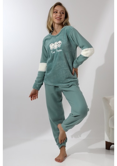 Fawn 5024 Peluş Welsoft Polar Kışlık Yumoş Kadın Pijama Takımı Yeşil