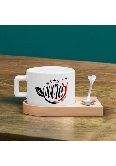 Bk Gift Kişiye Özel İsimli Doktor Tasarımlı-2, Ahşap Altlıklı Seramik Fincan, Meslek Hediyesi, Yeni İş Hediyesi Kobitmeyen137931 Bk Gift