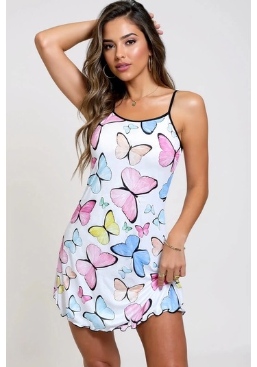 Renkli Kelebek Desenli Askılı Kadın Gecelik Renkli