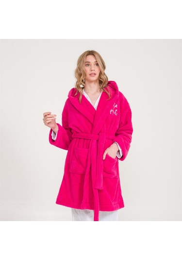 Welsoft Kapüşonlu Peluş Kadın Sabahlık Fuşya