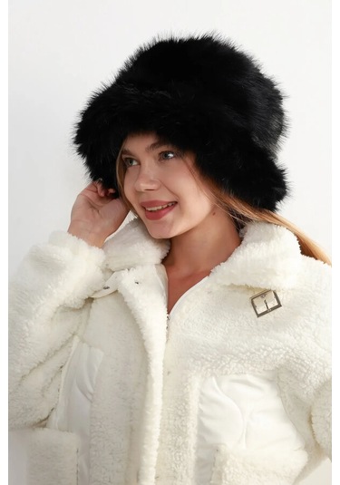 Kadın Kürklü Bucket Kalpak Şapka Rkş-15 Siyah Siyah