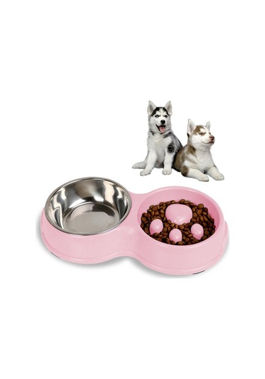 Cbtx Slow Food Anti-choke Paslanmaz Çelik Çift Kase Pet Mama Kasesi