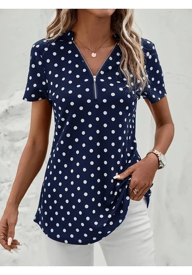 Modasize Kadın Kısa Kollu Yakadan Fermuarlı Puantiyeli Uzun Dokuma Viskon Bluz Lacivert