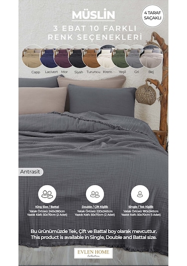%100 Pamuk Çift Kişilik Müslin Yatak Örtüsü 4 Katlı Yumuşak Battaniye Müslin Pike Takımı 3 Parça Antrasit Koyu Gri