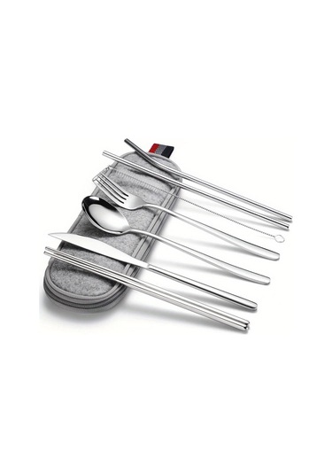 Katlanır Sofra 304 Paslanmaz Çelik Kore Bıçak Çatal Kaşık Çubuklarını Saman Taşınabilir Sofra Seti Seyahat Çubuklarını GÜmüş