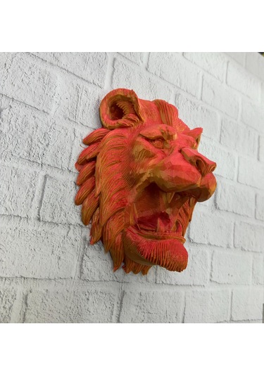 Dekoratif Asılabilir Aslan Başı 3d Duvar Heykeli Gold Red 20x21 C