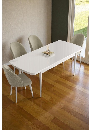 Mura Beyaz 80x132 Açılabilir Mdf Masa Yemek Odası Takımı, Mutfak Takımı 4 Adet Sandalye Krem