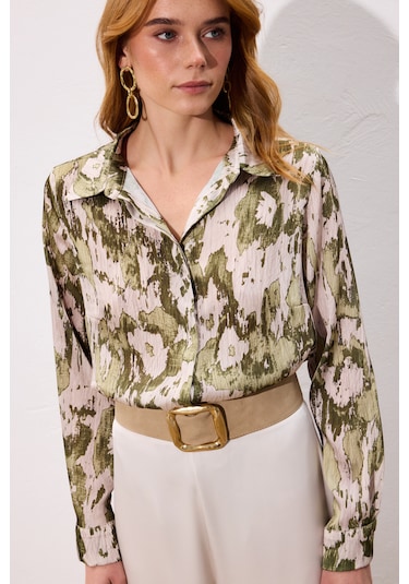 Sateen Desenli Düz Kesim Gömlek - Haki-136803 haki