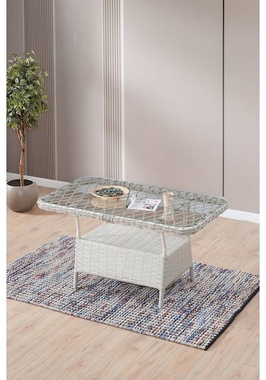 Joy Rattan Puflu Bahçe Balkon Takımı 3+1+1+ Camlı Masa Kemik Rengi Kemik