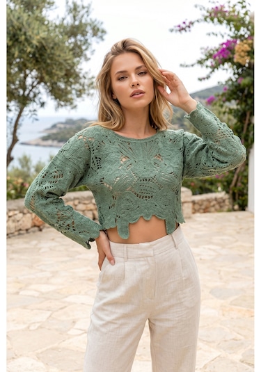 Sayzen Your Shine Dantel Işleme Crop Bluz Sy-shn04 Çağla
