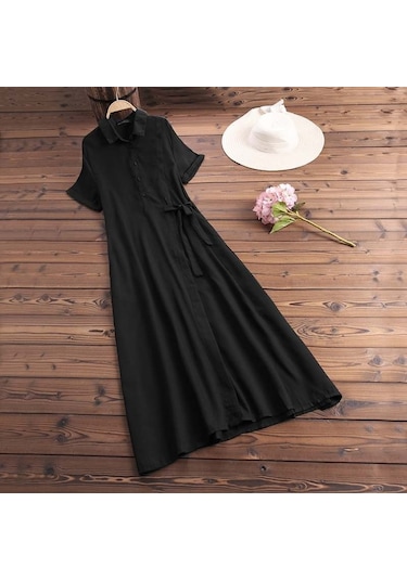 Barbora Keten Günlük Kısa Kol Tam Boy Yazlık Salaş Kadın Elbise Ln245syh3 001