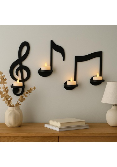 Cajuart Siyah Ahşap Notalar 3 Parça Led Mumlu Duvar Dekoru Dekoratif Tablo