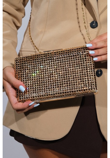 Gomeda Bakır Kare Taşlı Kadın Abiye Çanta Bakır