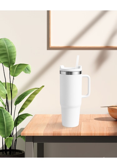 Beyaz Paslanmaz Çelik Termos Pipetli 1200ml Beyaz