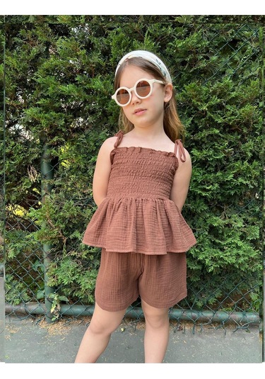 Müslin Kumaş Şortlu Kız Çocuk Takım Kahverengi