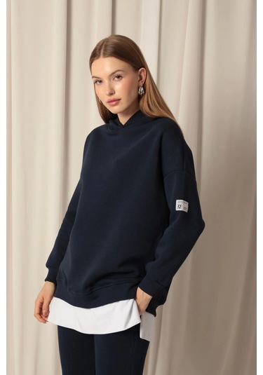 Üç İplik Kumaş Kapüşonlu Kadın Lacivert Sweat Çok Renkli