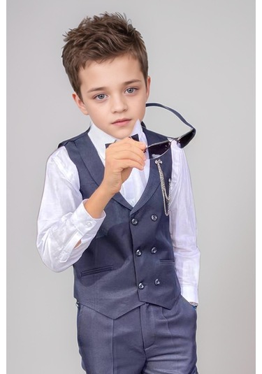 Riccotarz Erkek Çocuk Cepken Yelekli Şal Yaka Lacivert Takım Elbise 10-16 Yaş Lacivert