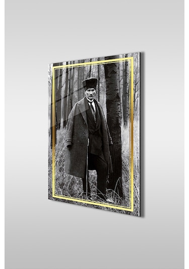 Atatürk Paltolu Siyah Beyaz 2 Dikey Cam Tablo