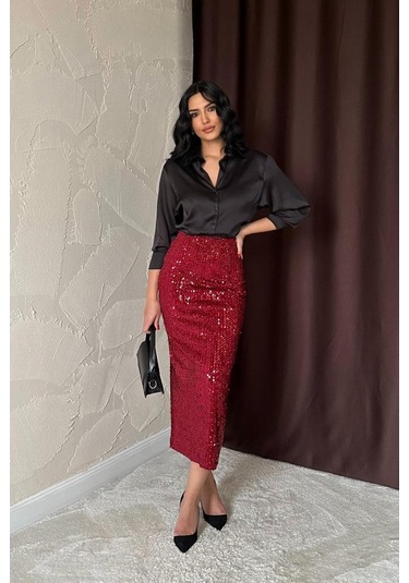 Bordo Pulpayetli Parlak Etek Bordo