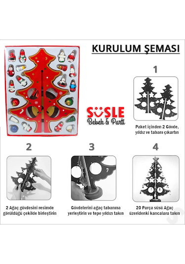 20 Parça Süslü Ahşap 27cm Mini Yılbaşı Ağaç Seti - Kırmızı