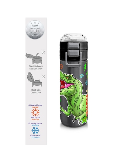 Coral High Kids Siyah Gri Dinozor Desenli Pipetli Ve Direkt İçim Çelik Termos 500 Ml 31946 Siyah - Yeşil