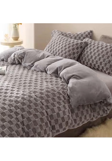 Evlen Home Çift Taraflı Kişilik Kürk Yorgan Uyku Seti Yumuşak Dolgulu Yatak Örtüsü 3 Parça Polo Antrasit