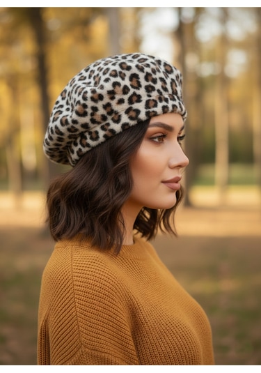 Derikem Fransız Tüylü Peluş Ressam Bere Kadın Şapka Leopar-ekru