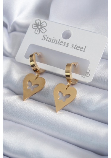 316l Çelik Gold Renk Kalp Model Kelebek İşleme Kadın Küpe Altın