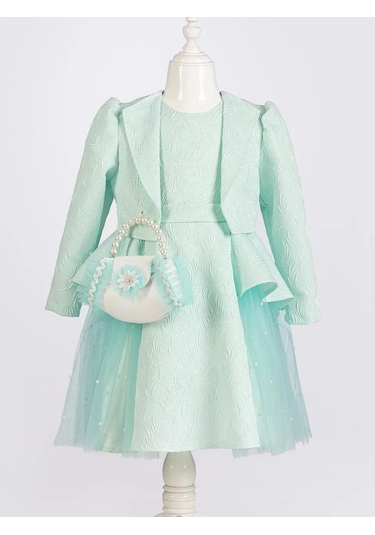 Kız Çocuk Elbise Ceketli Tüllü Çantalı 00390 Yeşil
