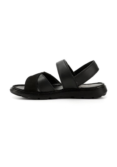 Gönderi R Siyah Cırtlı Çapraz Bantlı Hakiki Deri Sandalet Siyah